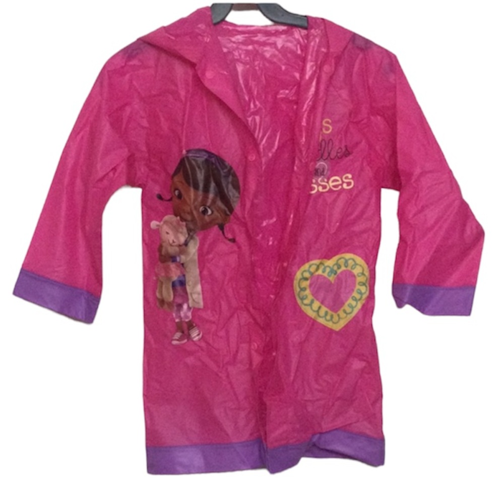 🌞 Disney Doc McStuffins barbiecore pink vinyl Raincoat hood snap closure girls M